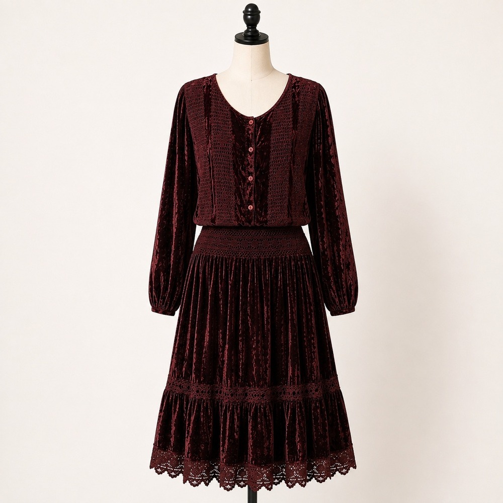 VTG Anu by Natural Skirt & Top Set Brown Copper Velvet & Crochet Boho Whimsigoth